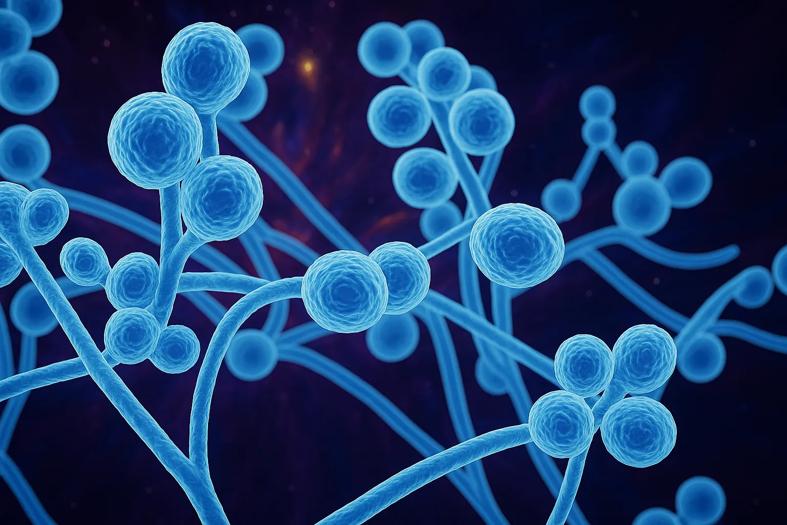 Representación microscópica de hongos Candida con fondo oscuro, ilustración digital detallada.