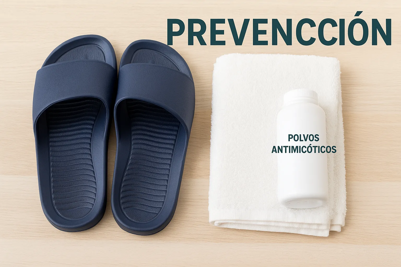 Consejos prácticos para prevenir la infección por hongos en los pies. Elementos para la prevención del pie de atleta: sandalias para la ducha, calcetines limpios y polvos antifúngicos.