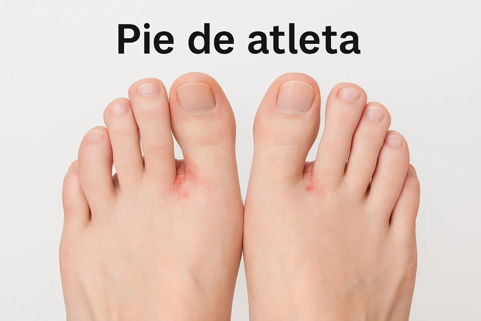 Apariencia visual del pie de atleta (tinea pedis). Primer plano de un pie con síntomas de pie de atleta, mostrando piel enrojecida y descamada entre los dedos.