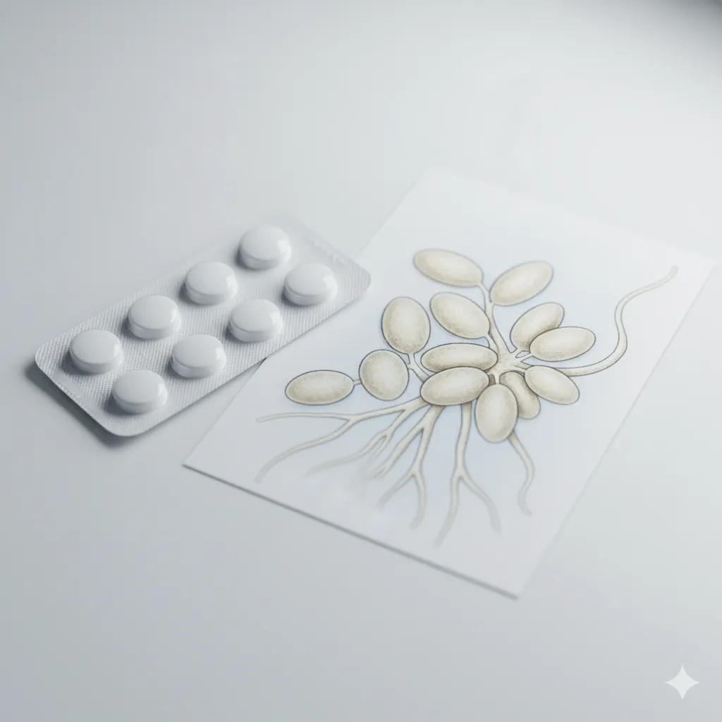 Anticonceptivos y su conexión con los hongos vaginales Relación visual entre las pastillas anticonceptivas y el hongo Candida albicans, causa de los hongos vaginales.