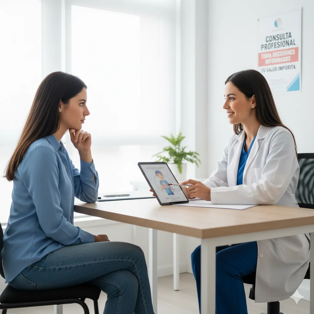 Asesoramiento médico sobre anticonceptivos y hongos Mujer consultando a su doctora sobre métodos anticonceptivos y la prevención de hongos vaginales.