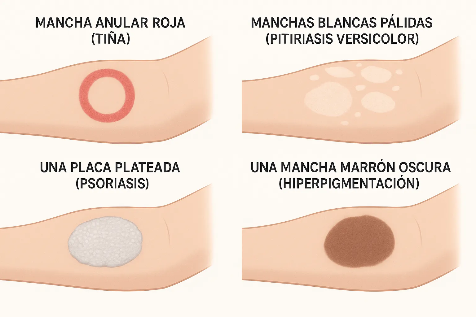 Diagnóstico diferencial de manchas en la piel Comparativa visual de diferentes tipos de manchas en la piel, como hongos, psoriasis e hiperpigmentación.