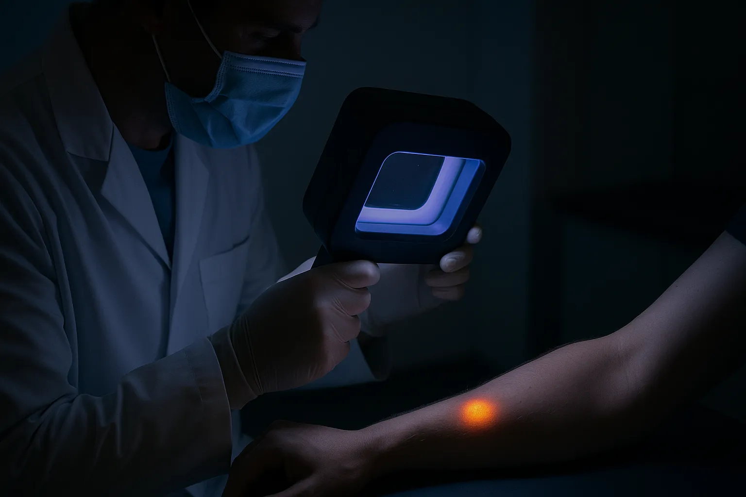 Examen con lámpara de Wood para pitiriasis versicolor Dermatólogo usando una lámpara de Wood para diagnosticar manchas en la piel por hongos.