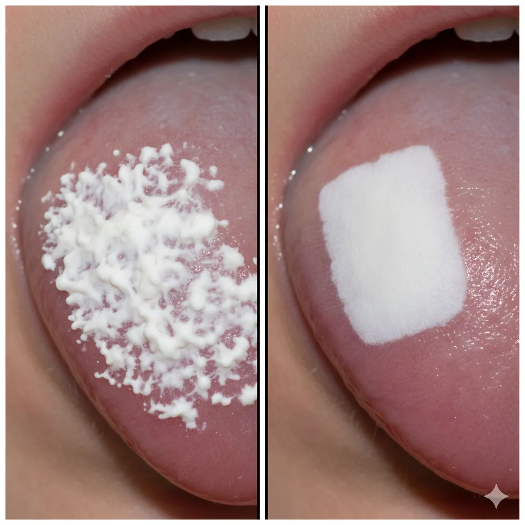 Diferencia entre candidiasis oral y leucoplasia Comparación visual de lengua blanca por hongos (candidiasis) y leucoplasia.