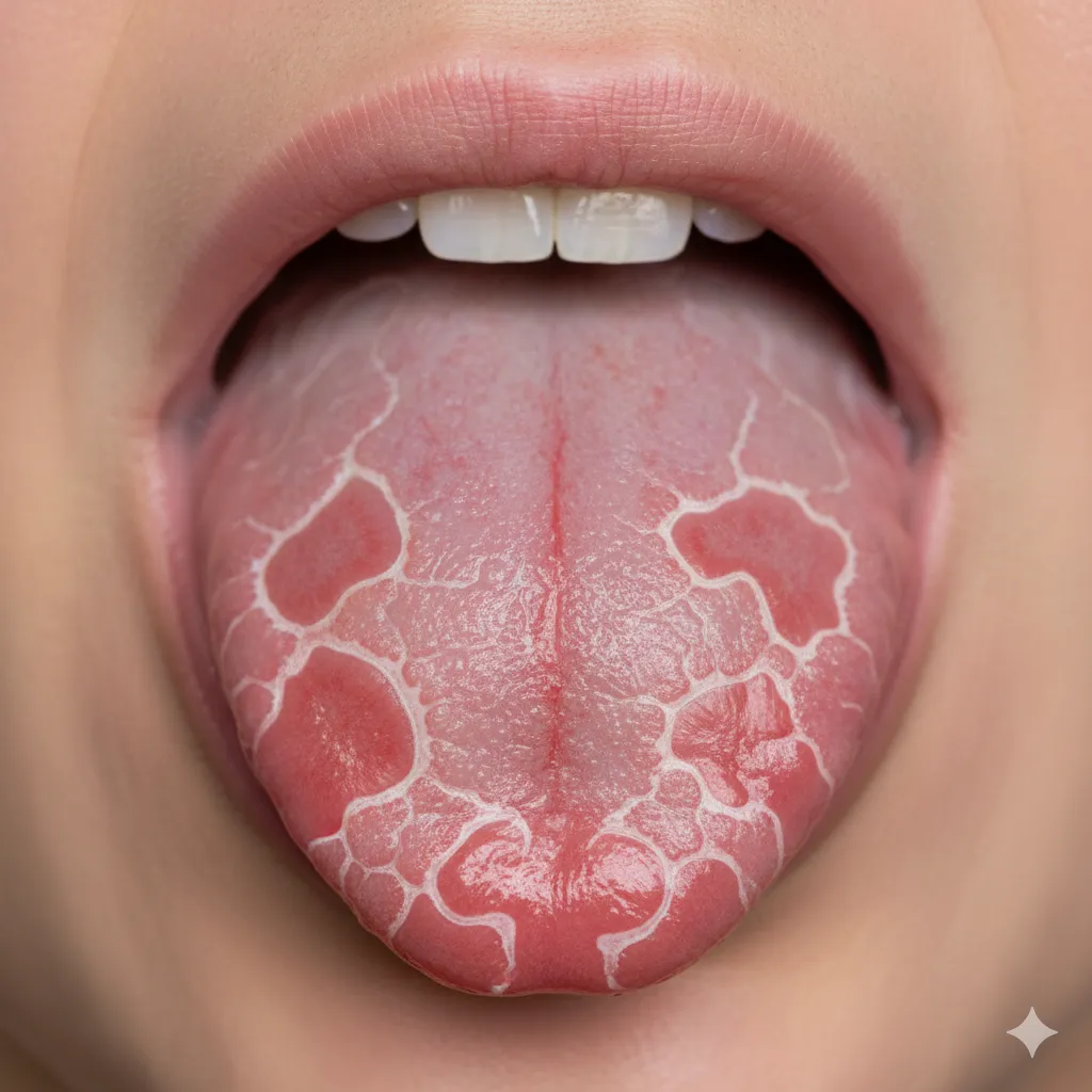 Lengua geográfica (glositis migratoria benigna) Apariencia de mapa característica de la lengua geográfica.